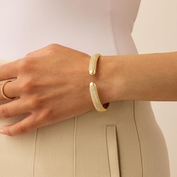 Neiman Marcus 14K Gold Plated Cubic Zirconia Pave Bangle Cuff Brac… - Picture 1 of 7